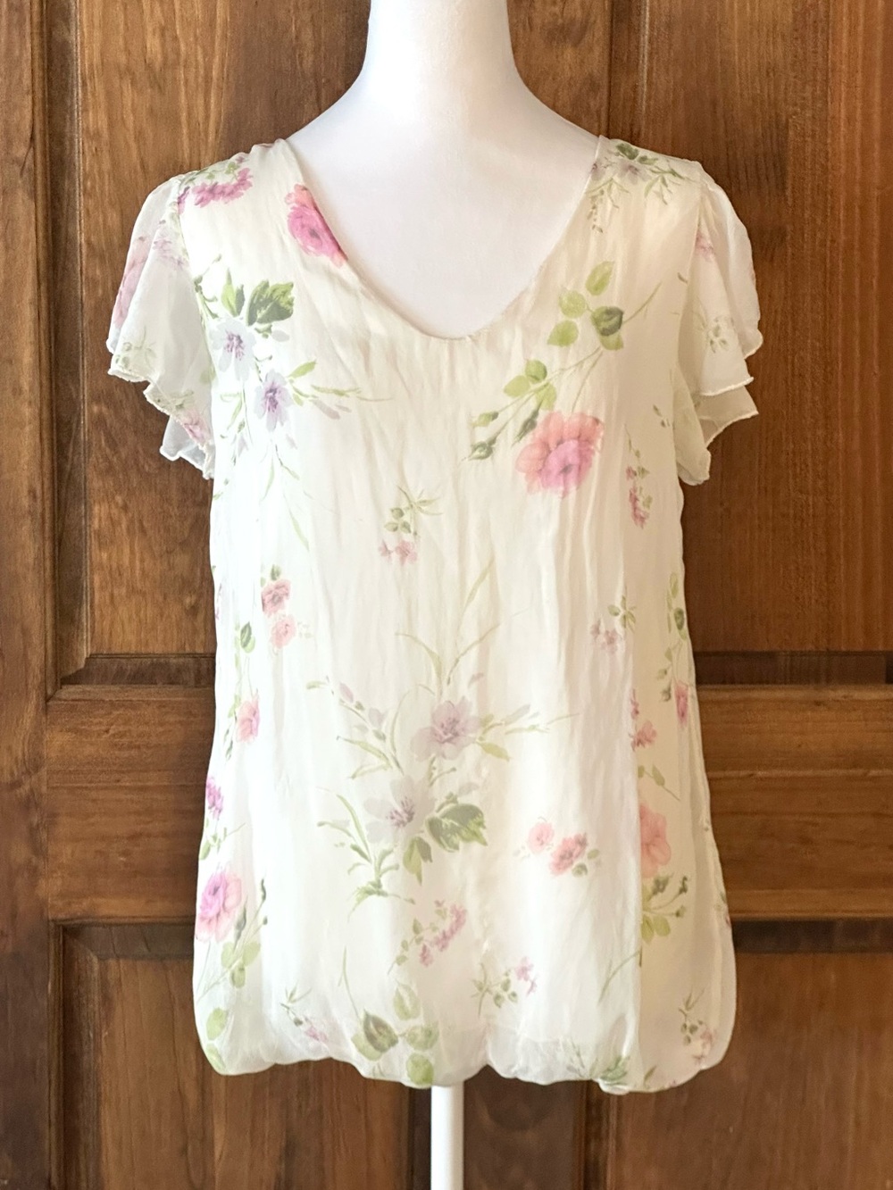 Giusy Made in Italy 100% Silk Floral Blouse LG Ivory Pink Romantic Cottagecore